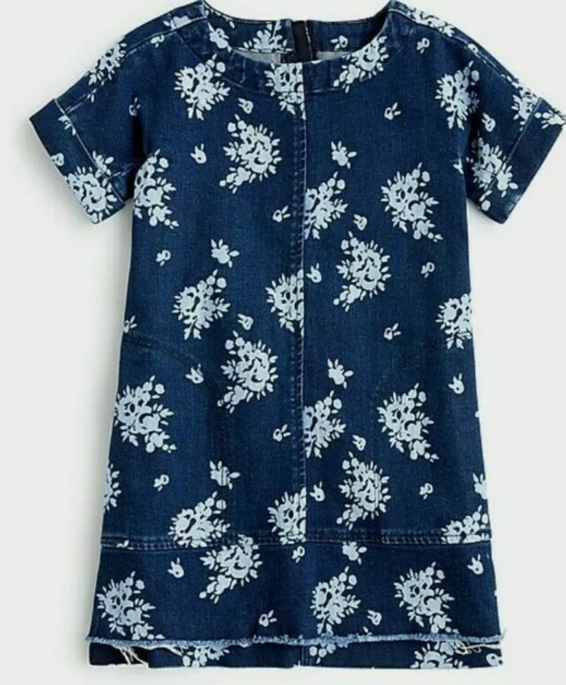 Crewcuts Cottagecore Girls White Floral Blue Denim Shift Dress Short Sleeve